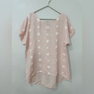 Terzo Millennio Linen Floral Embroidered Boho Blush Pink Blouse Small